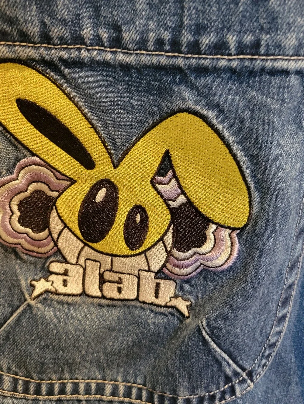 A.LAB Mega Rave 26 Inch Wide Leg Blue Jeans Size 30 Embroidered Cartoon Raver